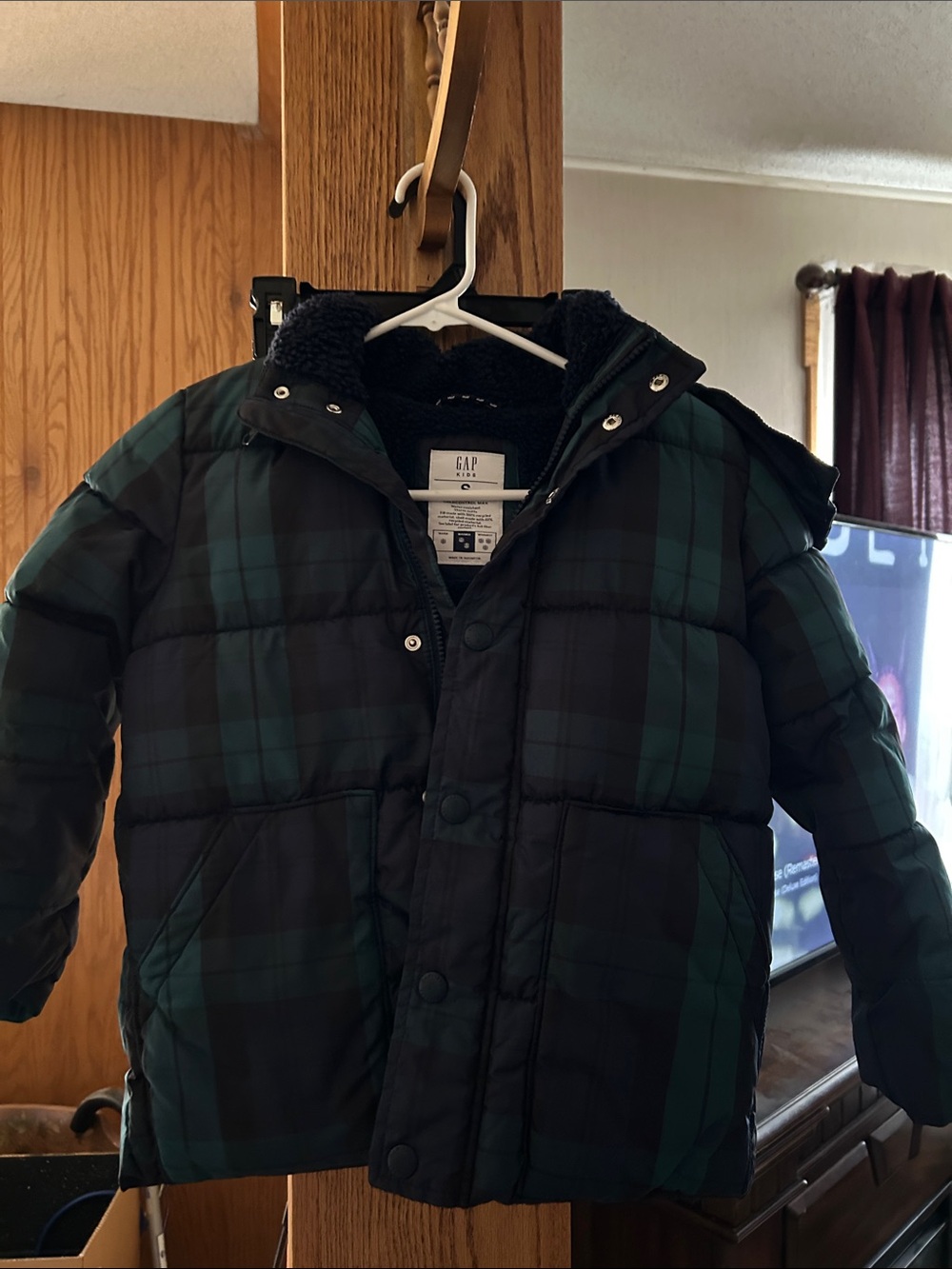 GAP Black and Dark Green Plaid Puffer Jacket with Hood